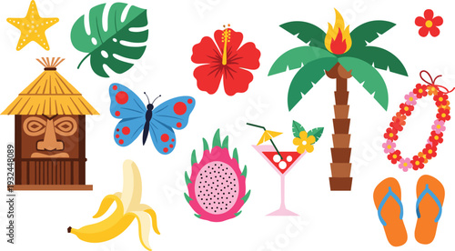 Tropical Summer Illustration Set with Tiki Hut, Palm Tree, Hibiscus Flower, Dragon Fruit, Cocktail, Butterfly, and Flip Flops
