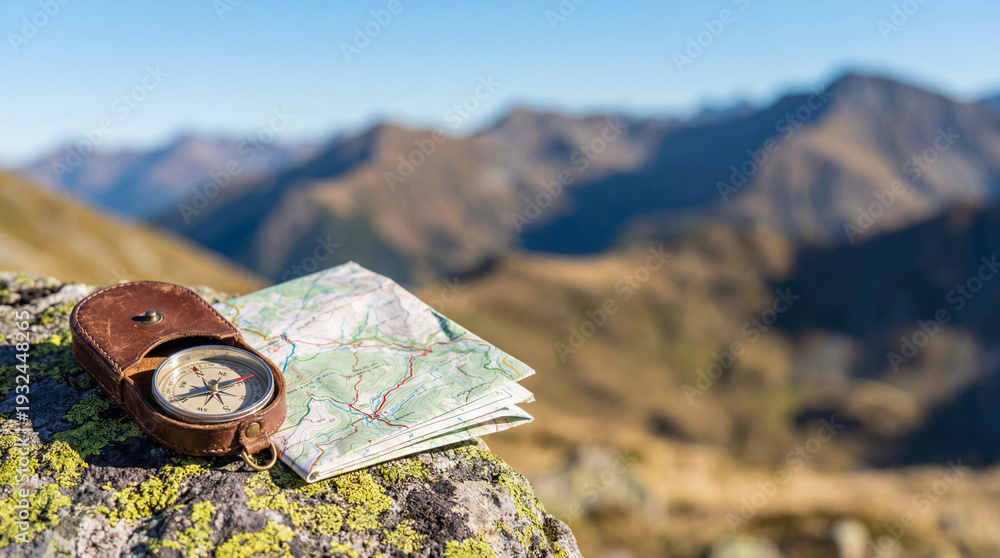 Obraz premium Compass and map on mountain rock. Compass guides hiking route planning for summer travel campaign, outdoor adventure concept, compass direction search with copy space, alpine blur scene