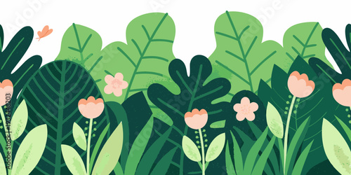 Stylized illustration of tropical foliage flowers and a butterfly