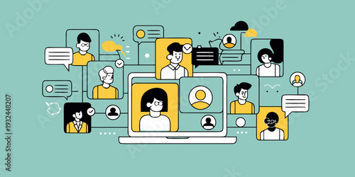 Diverse people connecting through video calls and online communication platforms