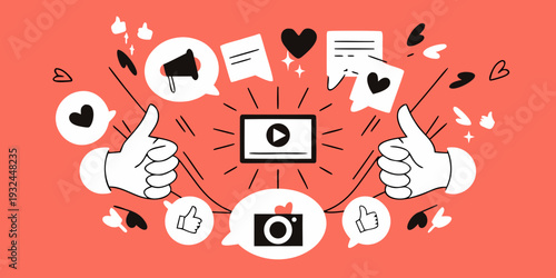 Social media icons and hands with thumbs up surrounding a play button