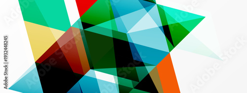 Abstract geometric shapes overlap, creating vibrant color blocks. Composition feels dynamic, modern, minimalist.