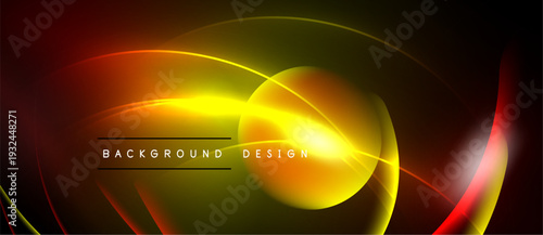 Abstract neon lines create dynamic curves, gradients. Yellow, orange, red hues dominate dark background. Modern design element.