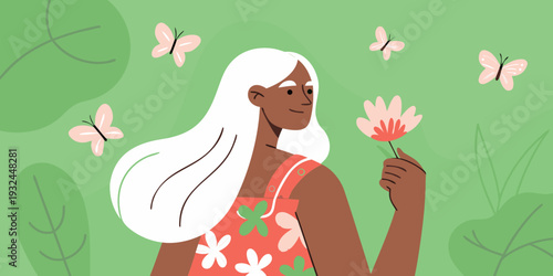 A woman with long white hair gently interacts with butterflies and flowers