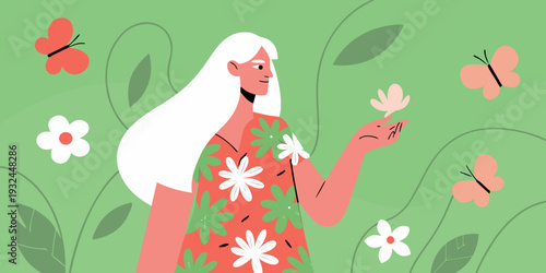 A woman with long hair surrounded by butterflies and floral elements