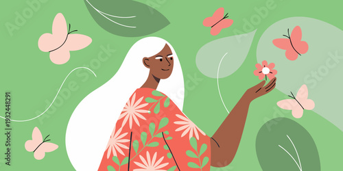 A woman with long white hair surrounded by butterflies and foliage