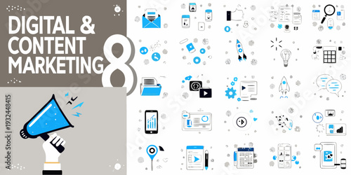 Digital and content marketing icons representing various online strategies