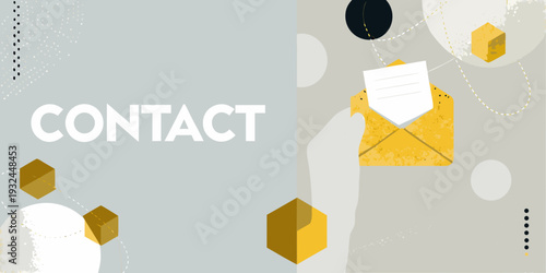 Abstract contact design featuring envelopes geometric shapes and a text label