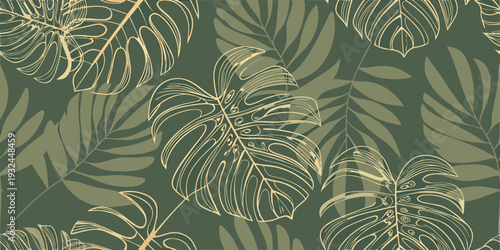 Elegant tropical monstera leaves pattern in gold and olive green