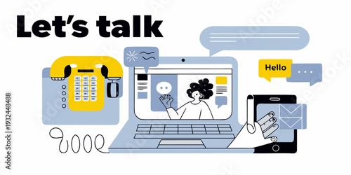 Illustration depicting various communication methods phone video call and messaging