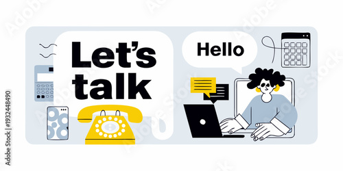 Let s talk illustration depicting communication methods and a person using tech
