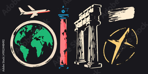 Travel emblems including a plane globe columns and lighthouse