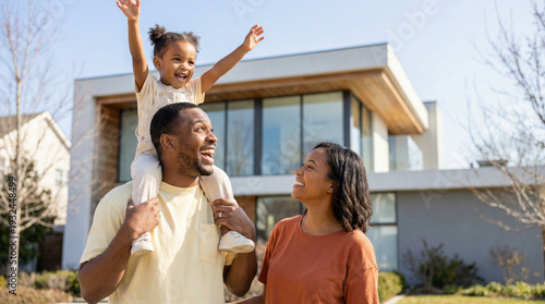 Happy African American Family with Daughter on Shoulders in Front of Modern Luxury House, New Homeowner Success, Wealthy Family Celebrating Real Estate Investment and New Life