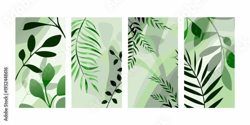 Abstract botanical wall art featuring varying shades of green foliage