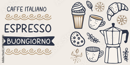 Italian coffee illustration featuring espresso croissants and coffee makers
