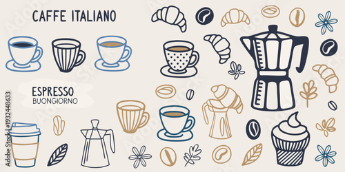 Italian coffee elements including cups croissants and a moka pot
