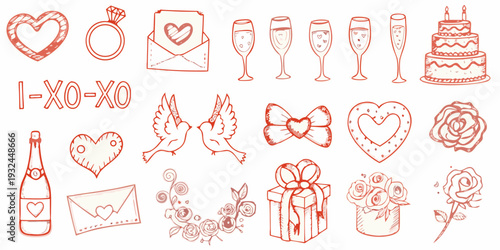 Hand drawn romantic elements including hearts champagne and wedding symbols