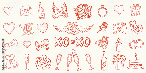 Collection of hand drawn valentine s day and romantic themed doodle icons