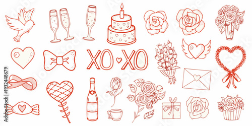 Collection of hand drawn romantic elements including hearts flowers and champagne
