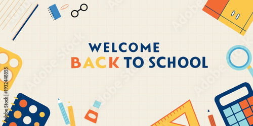 Welcome back to school with colorful stationery and geometric shapes