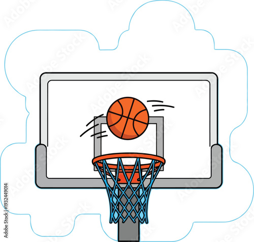 Cartoon illustration of a basketball flying through the air towards a hoop and backboard