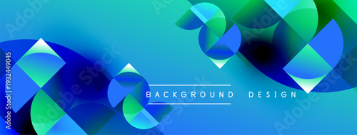 Abstract geometric shapes overlap, creating dynamic blue, green gradient. Modern design suitable for backgrounds, banners, presentations.