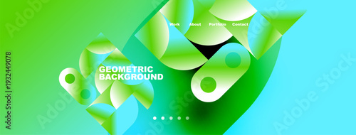 Bright abstract design. Overlapping shapes create dynamic visual effect. Text labels indicate website sections. Green dominates composition.