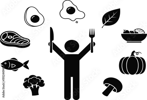 Balanced Diet Illustration Set with Human Silhouette Holding Fork and Knife Surrounded by Healthy Food Icons for Nutrition Design