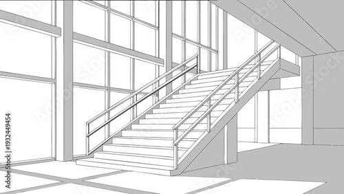 Architectural staircase line drawing illustrating a modern building interior with large windows and clean geometric lines in a minimalist vector illustration style.