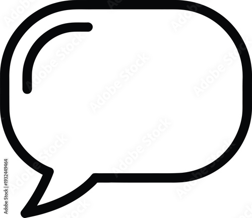 A simple black and white illustration depicts a classic speech bubble outline commonly used to represent dialogue or text high-quality professional detailed modern elegant stylish