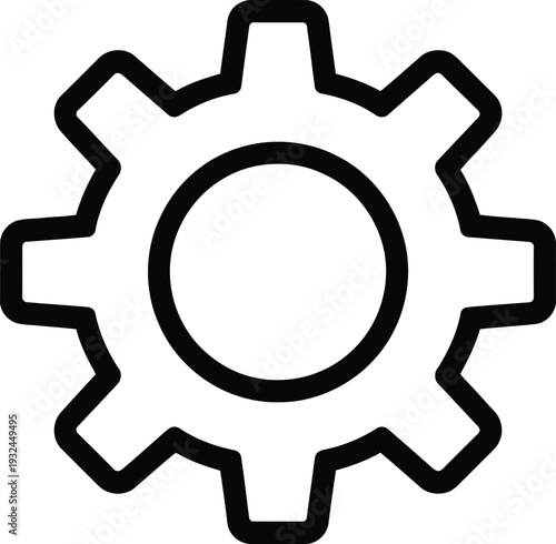 A simple black and white line drawing depicts a single gear showcasing a circular central hub surrounded by tooth like projections high-quality professional detailed modern