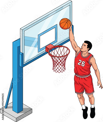 A pixelated illustration of a basketball player in a red uniform performing a slam dunk