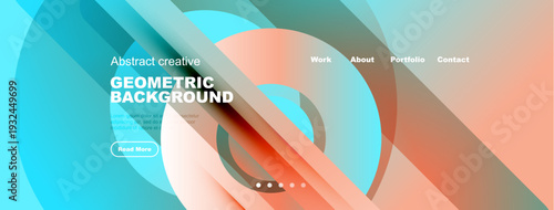 Abstract fluid shapes, vibrant colors, website header design. Includes navigation menu, text, button. Modern aesthetic.