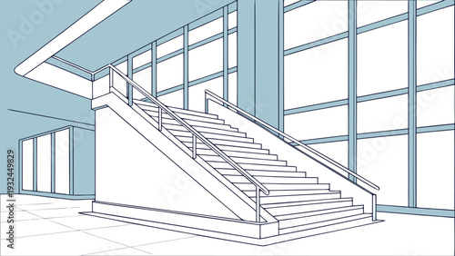 Modern architectural staircase illustration showing a minimalist office interior with large windows and clean lines in a flat vector line art style.