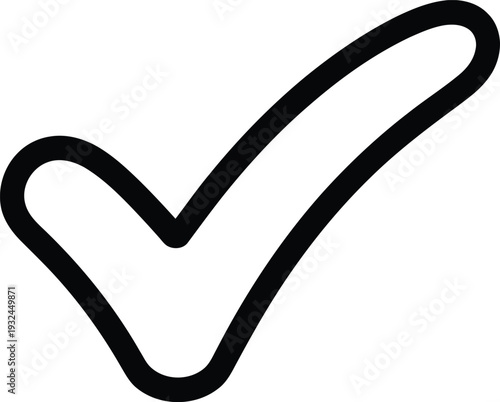A simple bold black outline depicts a checkmark symbol on a stark white background signifying completion or approval high-quality professional detailed modern elegant stylish clean