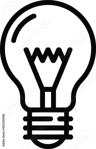 A simple black and white line drawing depicts a traditional incandescent light bulb showcasing its glass enclosure and screw base high-quality professional detailed modern elegant