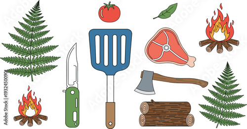 Camping and Outdoor Cooking Illustration Set with Campfire, Meat, Axe, Logs, Spatula, Pocket Knife, Tomato, and Fern Leaves
