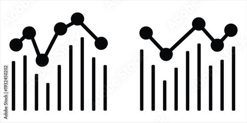 Black and white icons of bar charts and line graphs showing data trends statistics analysis