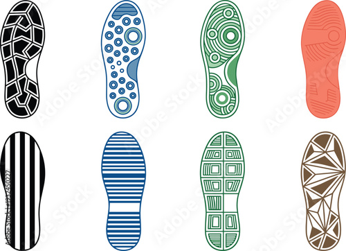Set of Diverse Vector Shoe Sole Tread Patterns Featuring Various Rubber Outsole Textures and Footprint Designs for Footwear Manufacturing Sports Fashion and Forensic Science