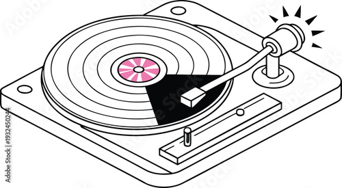 Minimalist turntable vector illustration featuring a retro record player with a pink vinyl disc spinning on a white background for modern music branding.