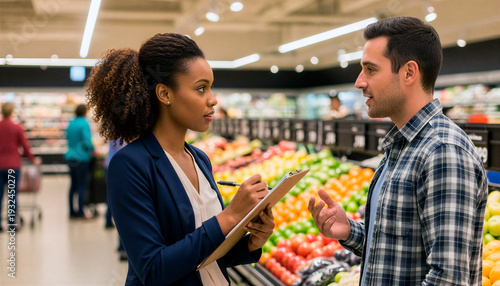 Woman manager interviewing customer about new fruit and vegetable supply in supermarket