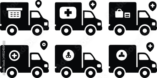 Logistics and Delivery Truck Icon Set: Symbols for Medical Transport, Shopping, Tracking, and On-Demand Services