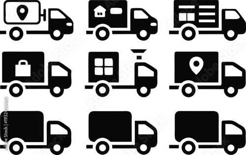 Delivery truck icon set for logistics and shipping services with location and cargo symbols