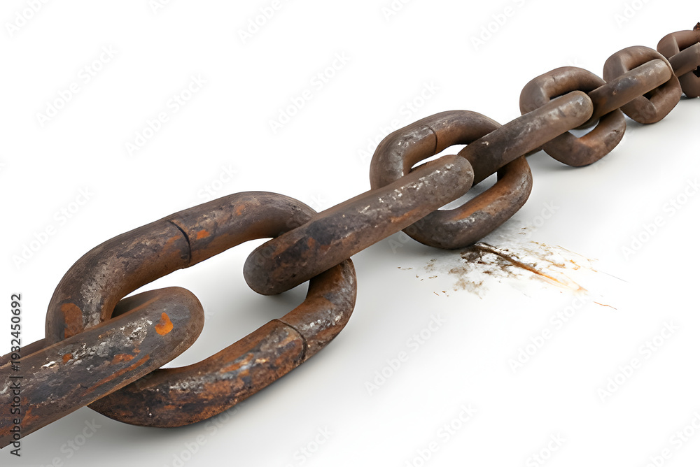 Obraz premium Close up of old rusty metal chain links on a white background