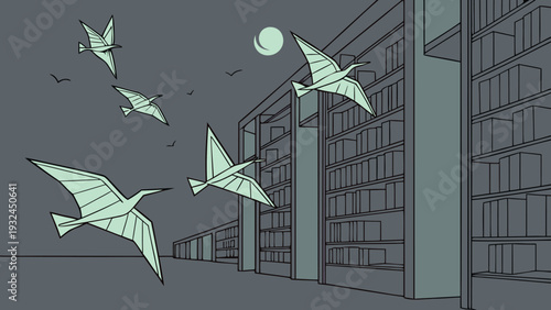 Paper birds flying from library bookshelves in a minimalist vector illustration representing imagination, creativity, and the power of knowledge during a quiet moonlit night.