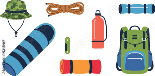 Camping Gear Illustration Set with Green Backpack, Camouflage Hat, Sleeping Bag, Rolled Mat, Water Bottle, and Outdoor Rope Icons
