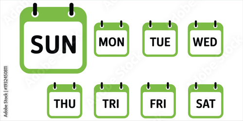 Calendar icons for days of the week with green borders vector illustration