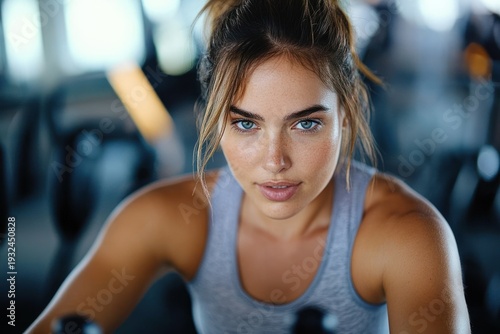 athletic woman in a gray tank top leaning on stationary bike handles in a gym, focused and determined Free Download athletic woman in a gray tank top leaning on stationary bike handles in a gym, focused and determined - GFXLoad