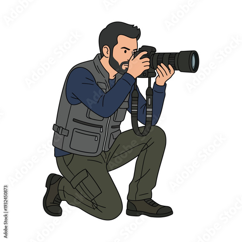 Man kneeling on one knee, taking a photograph with a large camera lens, illustration