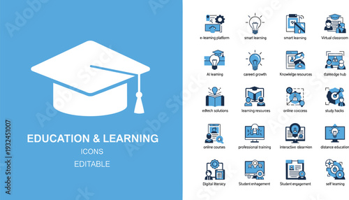 Education and learning flat icon set with graduation cap online course knowledge training and academic development symbols isolated on white background